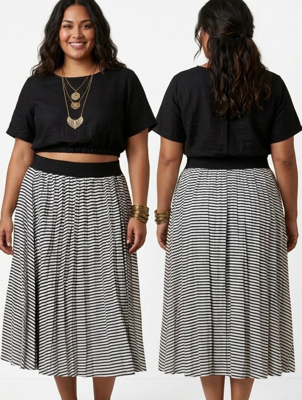Nwt KATHY COLE Striped Pleated Midi Maxi Skirt Black White Crinkle 2XL Accordion